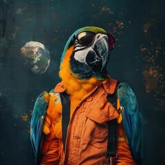 A colorful parrot with a human body dressed in an orange jacket is wearing aviator goggles against a space-themed backdrop