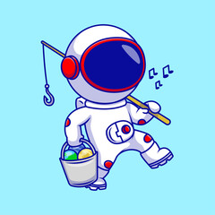 Cute Astronaut Holding Rod And Bucket With Planet Cartoon Vector Icons Illustration. Flat Cartoon Concept. Suitable for any creative project.