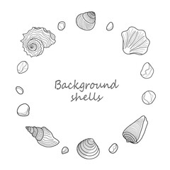 Round frame and background, shells and pebbles outline.