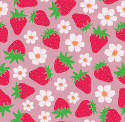 Cute seamless background with flowers and strawberries, berry pattern.