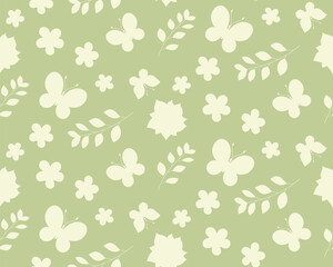 Seamless floral pattern with butterflies leaves and flowers, silhouette.