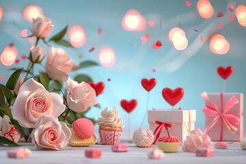 romantic valentines day background with roses sweets presents and hearts 3d illustration