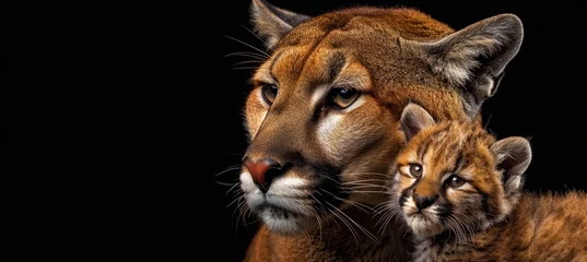Rolgordijnen Male puma and cub portrait with ample empty space on the left side for text insertion © Ilja