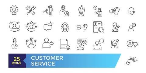 Customer service and support line icons set. Thin outline icons pack. Containing customer assistance, experience, feedback, operator and support icons.