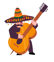 Mariachi. Expressive Mexican musician with cello wearing traditional sombrero. Vector illustration isolated on white background.
