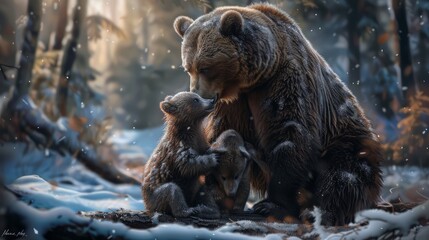 A bear and a baby bear are sitting on a log in the snow - 786372505