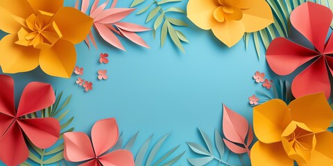 A paper art background flower, copy space in the middle, vibrant color palette for banner, dominant Blue color