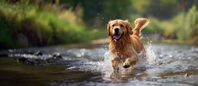 golden retriever dog happily plays and bathes in the river on a warm summer day