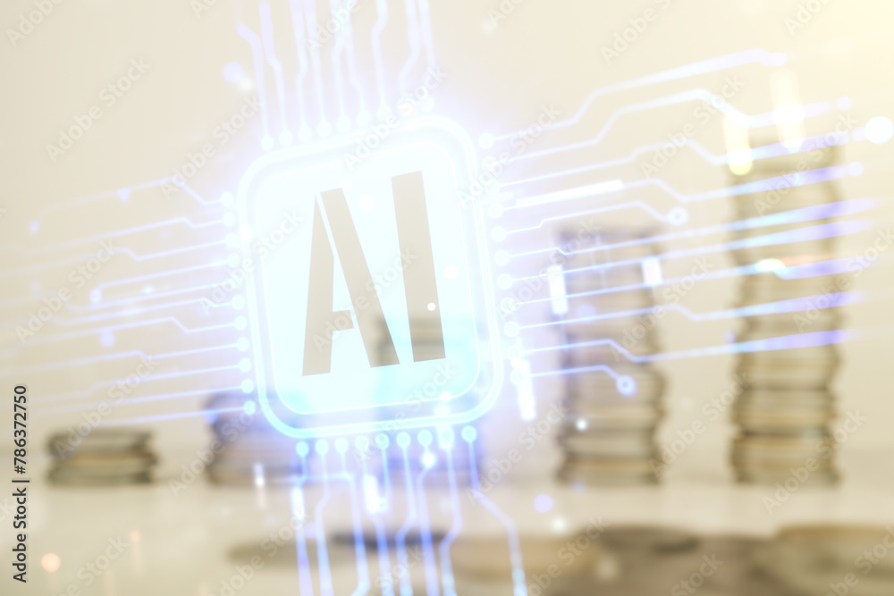 Poster double exposure of creative artificial intelligence icon on growing stacks of coins background. neur