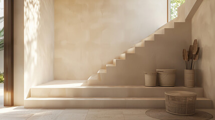 Refined beige stairs in a modern Scandinavian-themed lounge with a window and tranquil setting. - Powered by Adobe