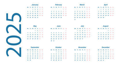 Calendar template for 2025 by month. The week starts on Monday. A business calendar in a minimalist style.
