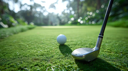 Close-up of a golf ball placed next to a golf club on vibrant green grass