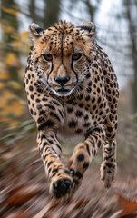 Fototapeta premium High-Speed Cheetah in Motion Sprinting Cheetah Captured in Dynamic Blur Action Shot of Cheetah Accelerating Cheetah in Full Sprint with Motion Blur Intense Velocity of a Running Cheetah