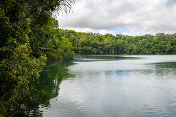 Lake Eacham, a water filled volcanic crater lake surrounded by lush tropical rainforest under an...