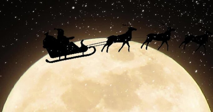 Santa Claus on sleigh with reindeer silhouette on background of full moon. The concept of happy new year