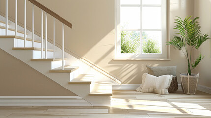 Classy beige stairs in a Scandinavian-themed lounge with a bright window.