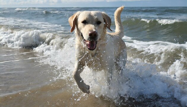 Numa tarde ensolarada na praia, um Labrador Retriever mergulha nas ondas, sua alegria contagiante e sua paix&atilde;o pela &aacute;gua evidenciando sua natureza