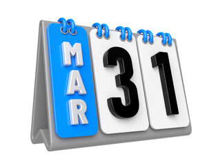 31 March Calendar 3D Render