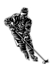 Ice hockey player, isolated vector silhouette, ink drawing.  gestures, poses, player expressions. Hockey player shooting puck. Winter team sport athlete.