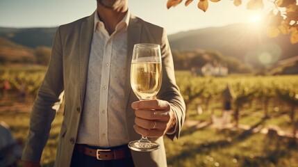 A person toasting with a glass of white wine in a vineyard