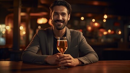 A smiling man enjoying a drink at a bar - obrazy, fototapety, plakaty