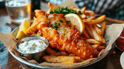 Fish and chips served on a plate with tartar sauce and lemon
