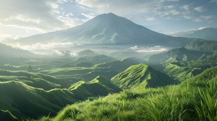 A lush green volcano towers into the sky, bathed in soft natural light.