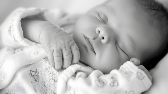 Delicate Newborn s Tiny Hand Embodying Pristine Innocence in Serene Black and White Photograph