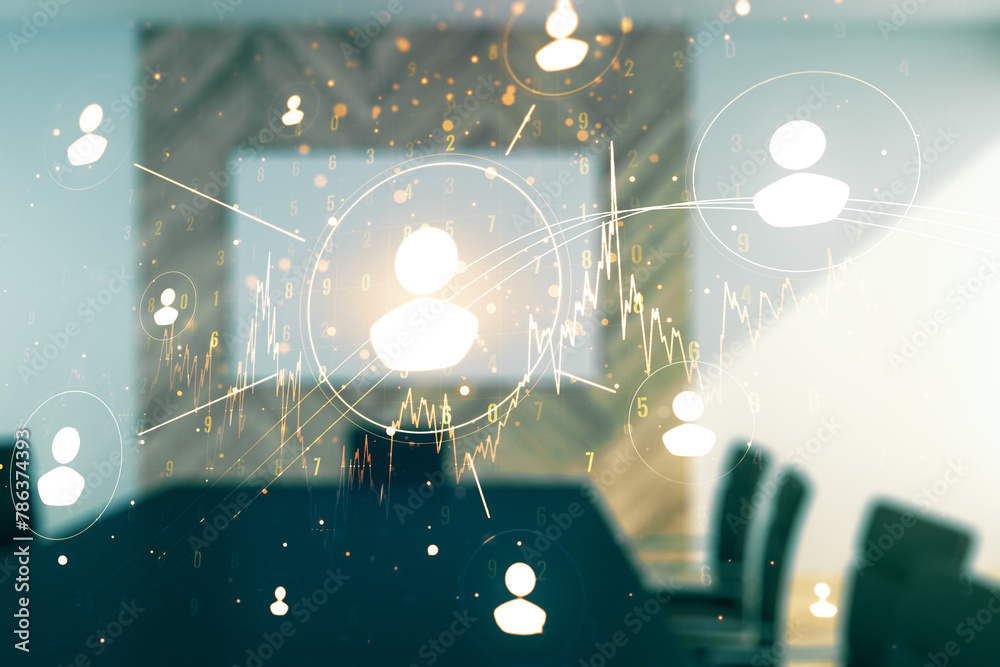 Poster double exposure of social network icons hologram on a modern boardroom background. networking concep
