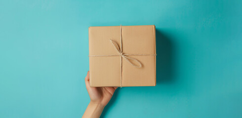 A hand holding a cardboard box against a blue background, presented flat, with a closeup view of a...
