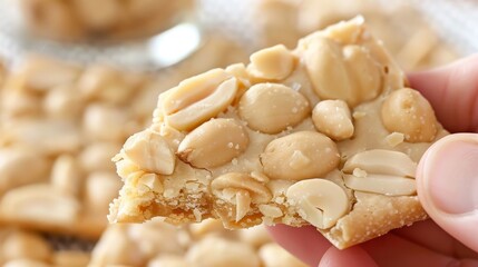 Fototapeta na wymiar Close up of hand breaking peanut brittle, highlighting crunchy texture peanuts, satisfying snack