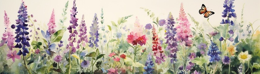 A watercolor depiction of a quaint English cottage garden, brimming with a riot of flowers like roses, lavender, and foxgloves  - obrazy, fototapety, plakaty