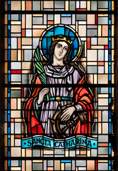St Catherine of Alexandria. A stained-glass window in Église de la Sainte-Trinité (Holy Trinity Church) in Walferdange, Luxembourg.