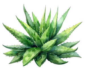 Fototapeta premium Illustrate a side view of an aloe vera plant in traditional medium, focusing on the smooth texture of the leaves and the subtle variations in shades of green with precise pen and ink strokes