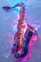 Illustrate a futuristic, digital rendering of a wide-angle view saxophone in CG 3D rendering with a sleek, metallic finish Visualize neon lights reflecting on its surface, creating a captivating, sci- - obrazy, fototapety, plakaty