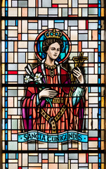 Fototapeta na wymiar Saint Cunigunde of Luxembourg. A stained-glass window in Église de la Sainte-Trinité (Holy Trinity Church) in Walferdange, Luxembourg.