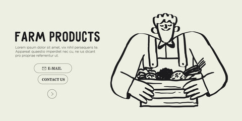 Agricultural worker or farmer hold crate and sell fruits and vegetables from his farm at market. Hand drawn simple ink vector illustration. Farming, agriculture or local organic production concept.