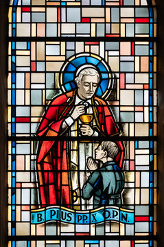 Saint Pope Pius X. A stained-glass window in &Eacute;glise de la Sainte-Trinit&eacute; (Holy Trinity Church) in Walferdange, Luxembourg.
