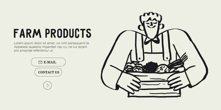 Agricultural worker or farmer hold crate and sell fruits and vegetables from his farm at market. Hand drawn simple ink vector illustration. Farming, agriculture or local organic production concept.