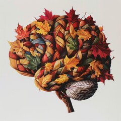 Brain representation with autumn leaves and twisted branches symbolizing seasonal change and nature's influence on mental growth