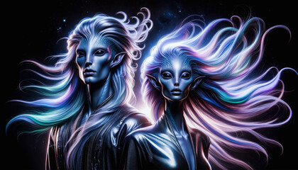 Two ethereal alien beings with luminous skin and striking features, their hair flowing like colourful nebulae against the backdrop of a starry space.