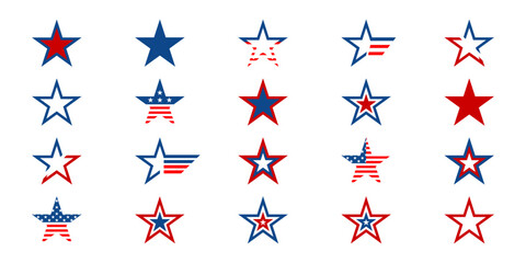 American star icon set. Star with american flag. Star USA flag icons