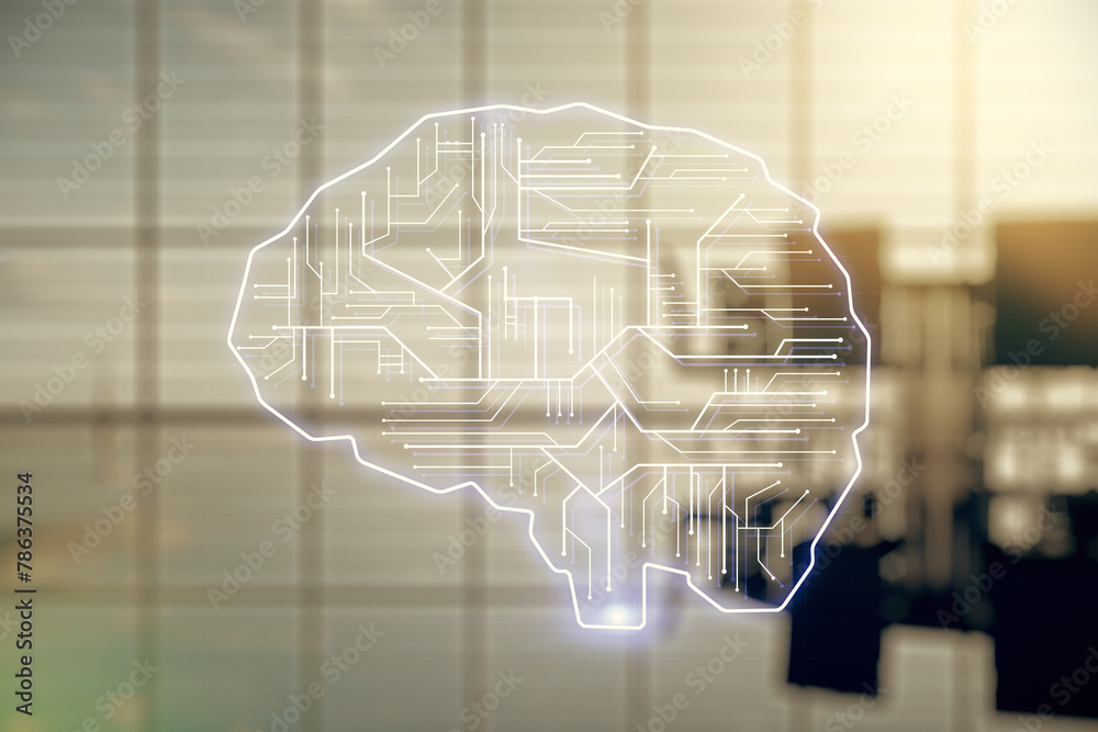 Aufkleber virtual creative artificial intelligence hologram with human brain sketch on a modern coworking room