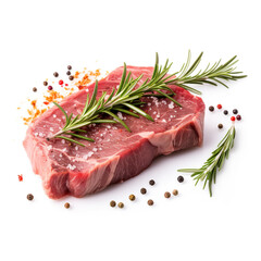 Fototapeta premium Raw beef steak with rosemary and pepper isolated on white background сreated with Generative Ai