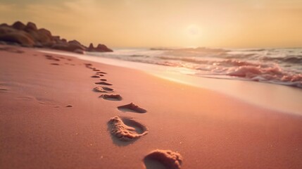 footprints on the beach at sunset