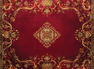 A red and gold Persian carpet with ornamental patterns
