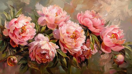 Vibrant bouquet of pink peonies in stunning oil painting.