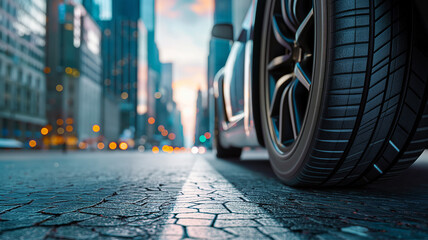  tires on the asphalt road in the city street  -  car and wheel with skyscrapers background 