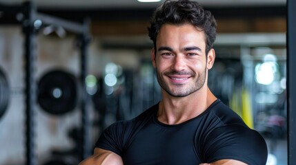 Obraz premium Fit brunette man. Portrait of a grinning man in gym attire, illustrating fitness and well-being.