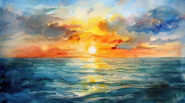 Watercolor seascape. Serene sunset scene capturing the warmth of the sun as it dips below the horizon, casting a golden glow across the sky.